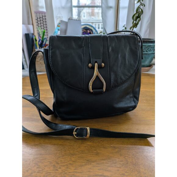 Black Leather Crossbody Bag Gold Wishbone Clasp Vintage Adjustable Antonia - Picture 5 of 8